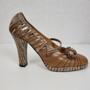 Isabella Fiore Womens Shoes Size 6.5 Brown Leather Snakeskin Embossed Strappy‎